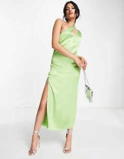 Pretty Lavish Cut Out Asymmetric Satin Midaxi Dress In Green For Women -Pretty Lavi Clothing Shop 202546916 1 green 1