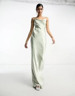 Pretty Lavish Bridesmaid Keisha Cowl Neck Satin Maxi Dress In Sage Green For Women