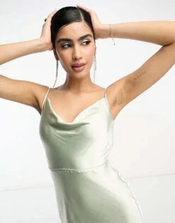 Pretty Lavish Bridesmaid Keisha Cowl Neck Satin Maxi Dress In Sage Green For Women -Pretty Lavi Clothing Shop 203942691 4