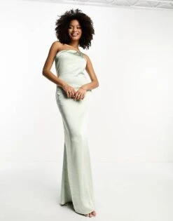 Pretty Lavish Bridesmaid One Shoulder Satin Maxi Dress In Sage Green For Women