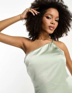 Pretty Lavish Bridesmaid One Shoulder Satin Maxi Dress In Sage Green For Women -Pretty Lavi Clothing Shop 203942708 3