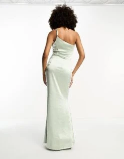 Pretty Lavish Bridesmaid One Shoulder Satin Maxi Dress In Sage Green For Women -Pretty Lavi Clothing Shop 203942708 4