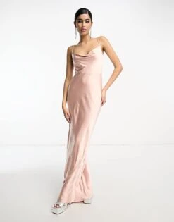 Pretty Lavish Bridesmaid Keisha Cowl Neck Satin Maxi Dress In Blush For Women Blush Pink