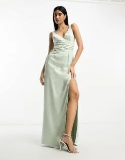 Pretty Lavish Bridesmaid Esmee Wrap Satin Maxi Dress In Sage Green For Women -Pretty Lavi Clothing Shop 204344914 1 sagegreen 1