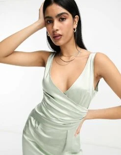 Pretty Lavish Bridesmaid Esmee Wrap Satin Maxi Dress In Sage Green For Women -Pretty Lavi Clothing Shop 204344914 3