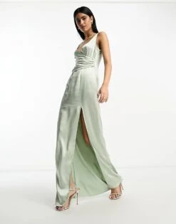 Pretty Lavish Bridesmaid Esmee Wrap Satin Maxi Dress In Sage Green For Women -Pretty Lavi Clothing Shop 204344914 4