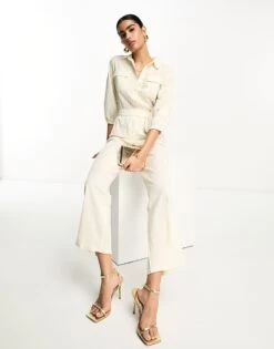 Pretty Lavish Tie Waist Utility Jumpsuit In Cream For Women -Pretty Lavi Clothing Shop 204362421 1 cream 1