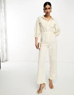 Pretty Lavish Tie Waist Utility Jumpsuit In Cream For Women -Pretty Lavi Clothing Shop 204362421 4