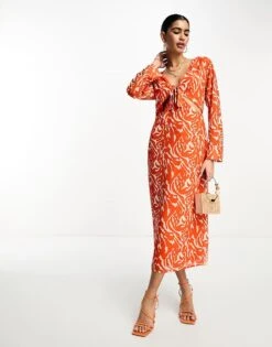 Pretty Lavish Long Sleeve Tie Midaxi Dress In Orange Zebra For Women Orange Zebra Print