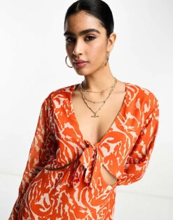 Pretty Lavish Long Sleeve Tie Midaxi Dress In Orange Zebra For Women Orange Zebra Print -Pretty Lavi Clothing Shop 204497984 3