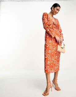 Pretty Lavish Long Sleeve Tie Midaxi Dress In Orange Zebra For Women Orange Zebra Print -Pretty Lavi Clothing Shop 204497984 4
