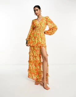 Pretty Lavish Shirred Waist Maxi Dress In Orange And Yellow Floral For Women Orange Yellow Floral -Pretty Lavi Clothing Shop 204498109 1 orangeyellowfloral 1