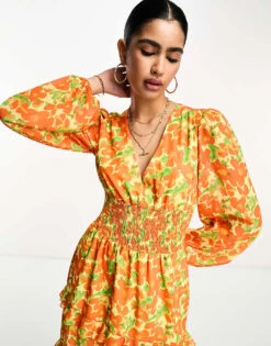 Pretty Lavish Shirred Waist Maxi Dress In Orange And Yellow Floral For Women Orange Yellow Floral -Pretty Lavi Clothing Shop 204498109 2