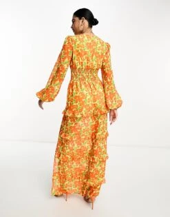 Pretty Lavish Shirred Waist Maxi Dress In Orange And Yellow Floral For Women Orange Yellow Floral -Pretty Lavi Clothing Shop 204498109 3