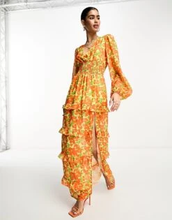 Pretty Lavish Shirred Waist Maxi Dress In Orange And Yellow Floral For Women Orange Yellow Floral -Pretty Lavi Clothing Shop 204498109 4