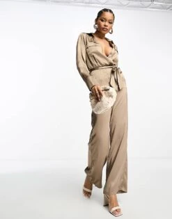 Pretty Lavish Satin Tie Waist Utility Jumpsuit In Mocha For Women