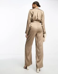 Pretty Lavish Satin Tie Waist Utility Jumpsuit In Mocha For Women -Pretty Lavi Clothing Shop 204955220 3