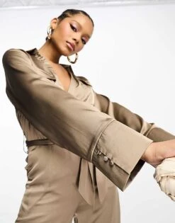 Pretty Lavish Satin Tie Waist Utility Jumpsuit In Mocha For Women -Pretty Lavi Clothing Shop 204955220 4