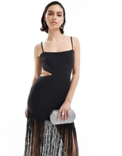 Pretty Lavish Cut Out Tassel Maxi Dress In Black For Women -Pretty Lavi Clothing Shop 205247810 3