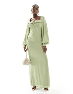 Pretty Lavish Bridesmaid Balloon Sleeve Maxi Dress In Olive For Women -Pretty Lavi Clothing Shop 205508385 1 olive 1