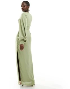 Pretty Lavish Bridesmaid Balloon Sleeve Maxi Dress In Olive For Women -Pretty Lavi Clothing Shop 205508385 4
