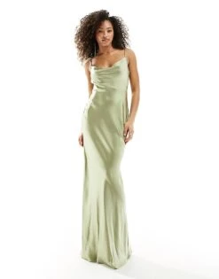 Pretty Lavish Bridesmaid Keisha Satin Cowl Neck Maxi Dress In Olive For Women