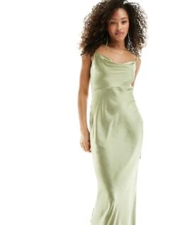 Pretty Lavish Bridesmaid Keisha Satin Cowl Neck Maxi Dress In Olive For Women -Pretty Lavi Clothing Shop 205508431 3