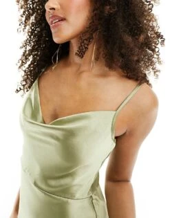 Pretty Lavish Bridesmaid Keisha Satin Cowl Neck Maxi Dress In Olive For Women -Pretty Lavi Clothing Shop 205508431 4