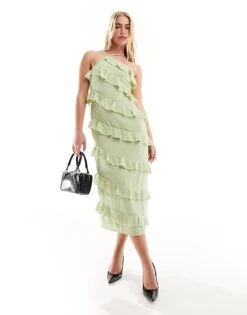 Pretty Lavish One Shoulder Ruffle Midaxi Dress In Sage Green For Women -Pretty Lavi Clothing Shop 205508448 3