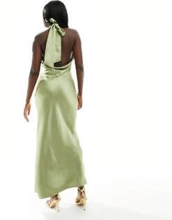 Pretty Lavish Bridesmaid Raleigh Backless Satin Maxi Dress In Olive For Women -Pretty Lavi Clothing Shop 205508492 4