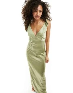 Pretty Lavish Bridesmaid Piper Satin Tie Shoulder Maxi Dress In Olive For Women -Pretty Lavi Clothing Shop 205508502 3