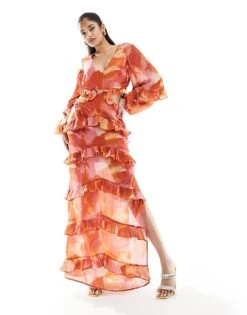 Pretty Lavish Cut-out Ruffle Maxi Dress In Abstract Watercolour For Women