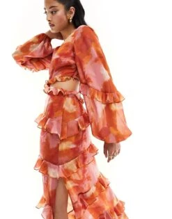 Pretty Lavish Cut-out Ruffle Maxi Dress In Abstract Watercolour For Women -Pretty Lavi Clothing Shop 205508519 4
