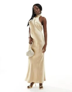 Pretty Lavish Bridesmaid Raleigh Backless Satin Maxi Dress In Matte Gold For Women -Pretty Lavi Clothing Shop 205508528 3