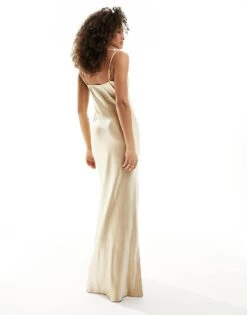 Pretty Lavish Bridesmaid Keisha Satin Cowl Neck Maxi Dress In Matte Gold For Women -Pretty Lavi Clothing Shop 205508571 3