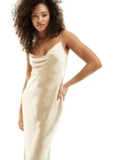 Pretty Lavish Bridesmaid Keisha Satin Cowl Neck Maxi Dress In Matte Gold For Women -Pretty Lavi Clothing Shop 205508571 4