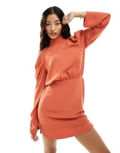 Pretty Lavish High Neck Chiffon Mini Dress In Terracotta For Women
