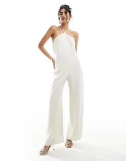 Pretty Lavish Halterneck Wide Leg Satin Jumpsuit In Oyster For Women