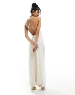 Pretty Lavish Halterneck Wide Leg Satin Jumpsuit In Oyster For Women -Pretty Lavi Clothing Shop 205509202 3