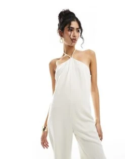 Pretty Lavish Halterneck Wide Leg Satin Jumpsuit In Oyster For Women -Pretty Lavi Clothing Shop 205509202 4