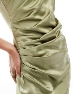 Pretty Lavish Bridesmaid Amelia Ruched One Shoulder Satin Maxi Dress In Olive For Women -Pretty Lavi Clothing Shop 205755785 3
