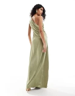 Pretty Lavish Bridesmaid Amelia Ruched One Shoulder Satin Maxi Dress In Olive For Women -Pretty Lavi Clothing Shop 205755785 4