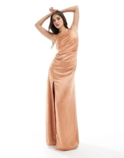 Pretty Lavish Bridesmaid Amelia Ruched One Shoulder Satin Maxi Dress In Cinnamon For Women -Pretty Lavi Clothing Shop 205755794 2