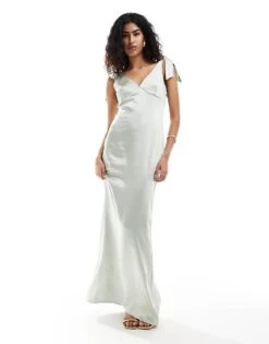 Pretty Lavish Bridesmaid Piper Satin Tie Shoulder Maxi Dress In Sage For Women -Pretty Lavi Clothing Shop 205755830 1 sage 1
