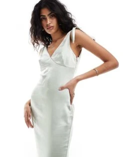 Pretty Lavish Bridesmaid Piper Satin Tie Shoulder Maxi Dress In Sage For Women -Pretty Lavi Clothing Shop 205755830 4