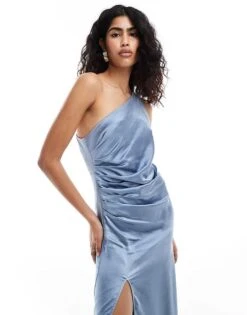 Pretty Lavish Bridesmaid Amelia Ruched One Shoulder Satin Maxi Dress In Dusty Blue For Women -Pretty Lavi Clothing Shop 205755848 2