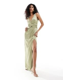 Pretty Lavish Bridesmaid Satin Wrap Maxi Dress In Olive For Women