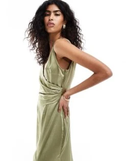 Pretty Lavish Bridesmaid Satin Wrap Maxi Dress In Olive For Women -Pretty Lavi Clothing Shop 205756006 3