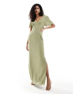Pretty Lavish Bridesmaid Flutter Sleeve Chiffon Maxi Dress In Olive For Women -Pretty Lavi Clothing Shop 205756029 1 olive 1
