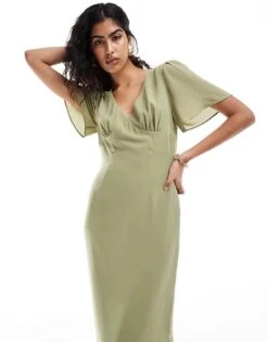 Pretty Lavish Bridesmaid Flutter Sleeve Chiffon Maxi Dress In Olive For Women -Pretty Lavi Clothing Shop 205756029 2